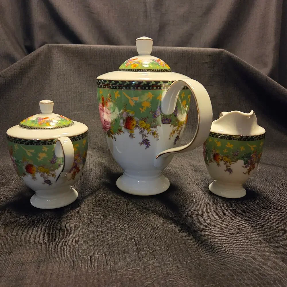 Royal Scotland Pink Rose on Green background Tea Set